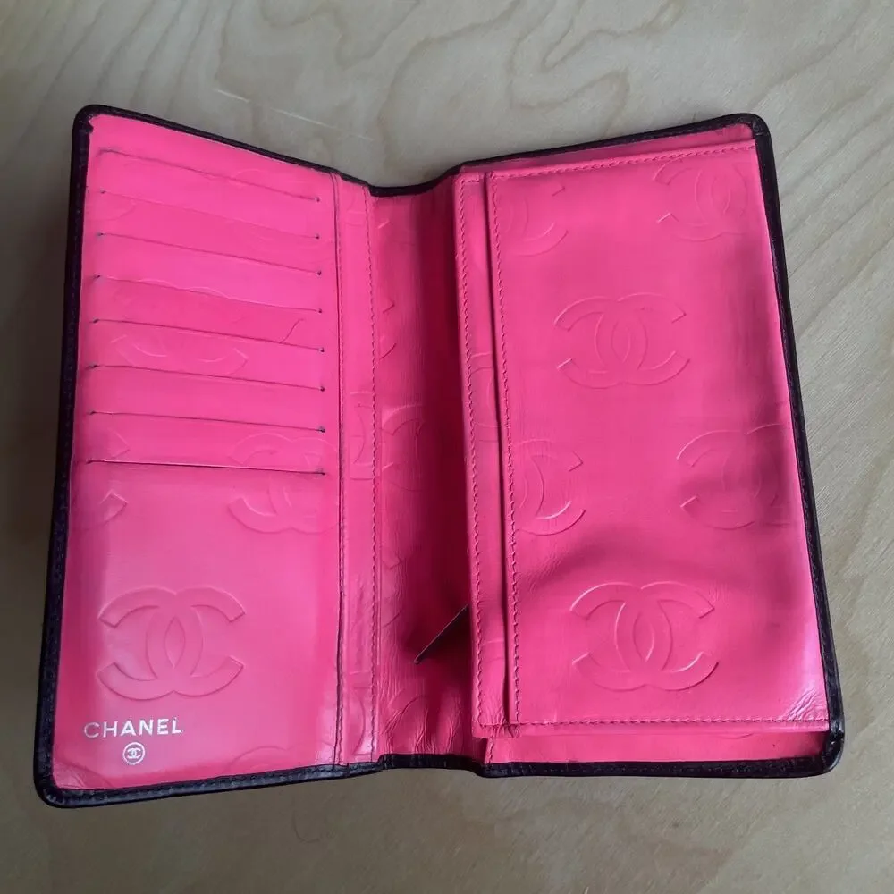 Chanel Wallet Cambon Black Leather w/ Pink Interior CC Long Entrupy Certificate